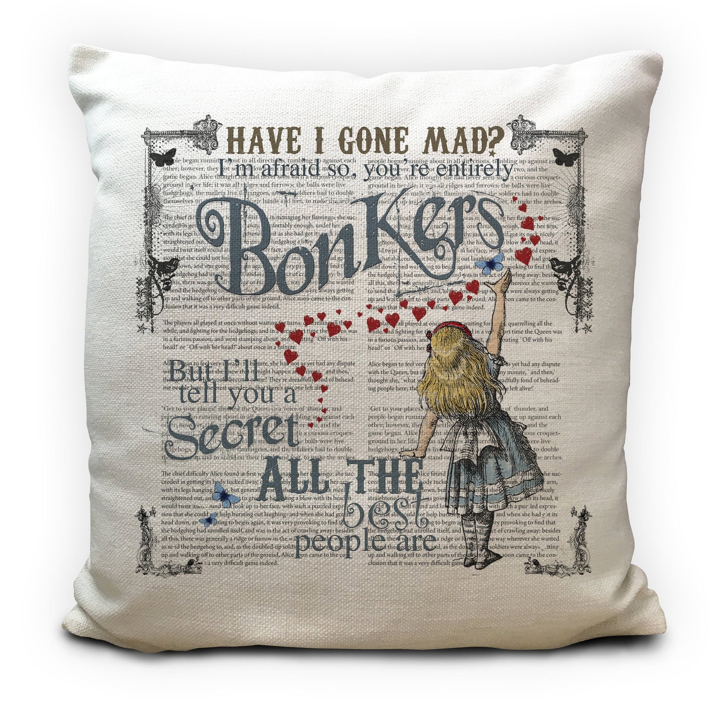 Alice in wonderland cushion cover with bonkers quote