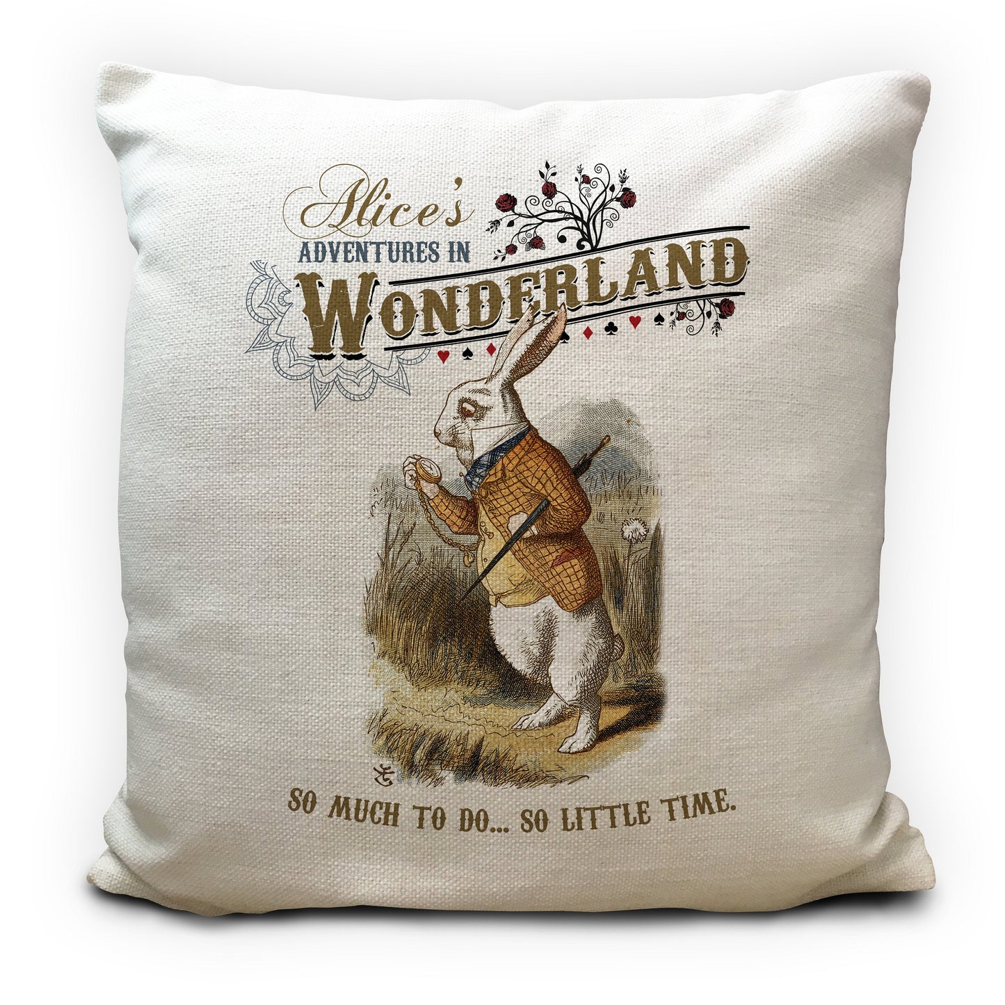 Alice in wonderland cushion cover with white rabbit traditional illustration and so little time quote