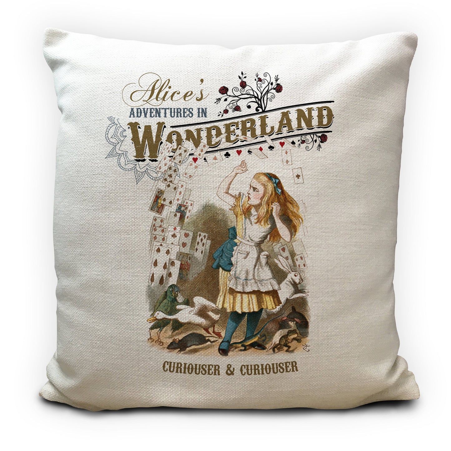 Alice in wonderland cushion cover with flying playing card illustration and curiouser quote