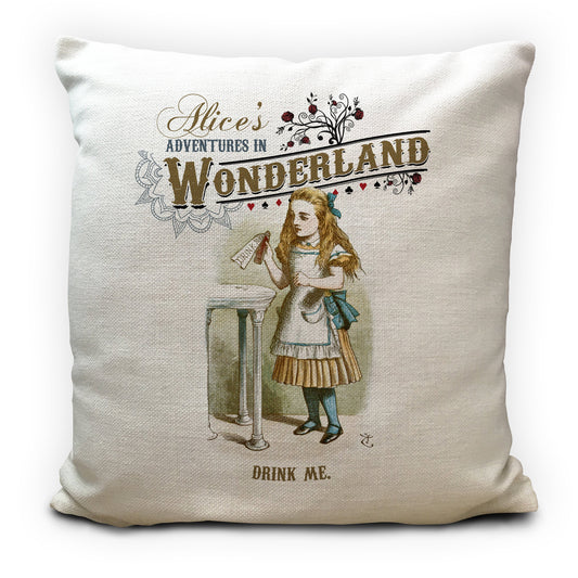 Alice in wonderland cushion cover with traditional illustration and drink me quote