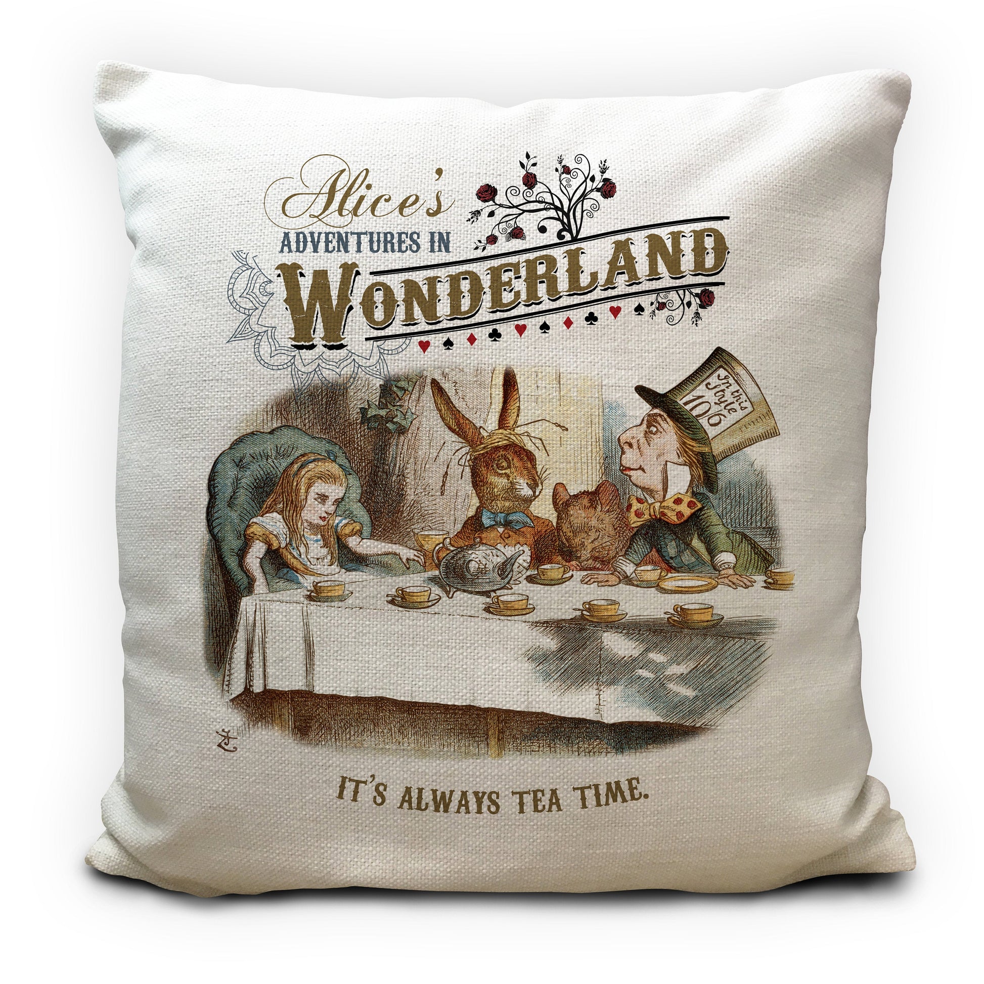 Alice in wonderland cushion cover with traditional tea party illustration