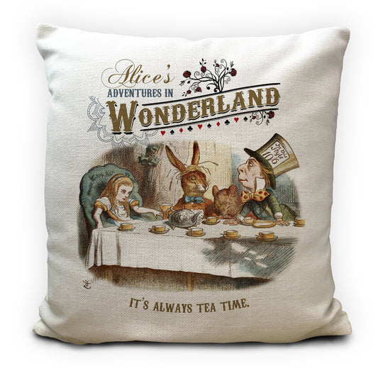 Alice in wonderland cushion cover with traditional tea party illustration