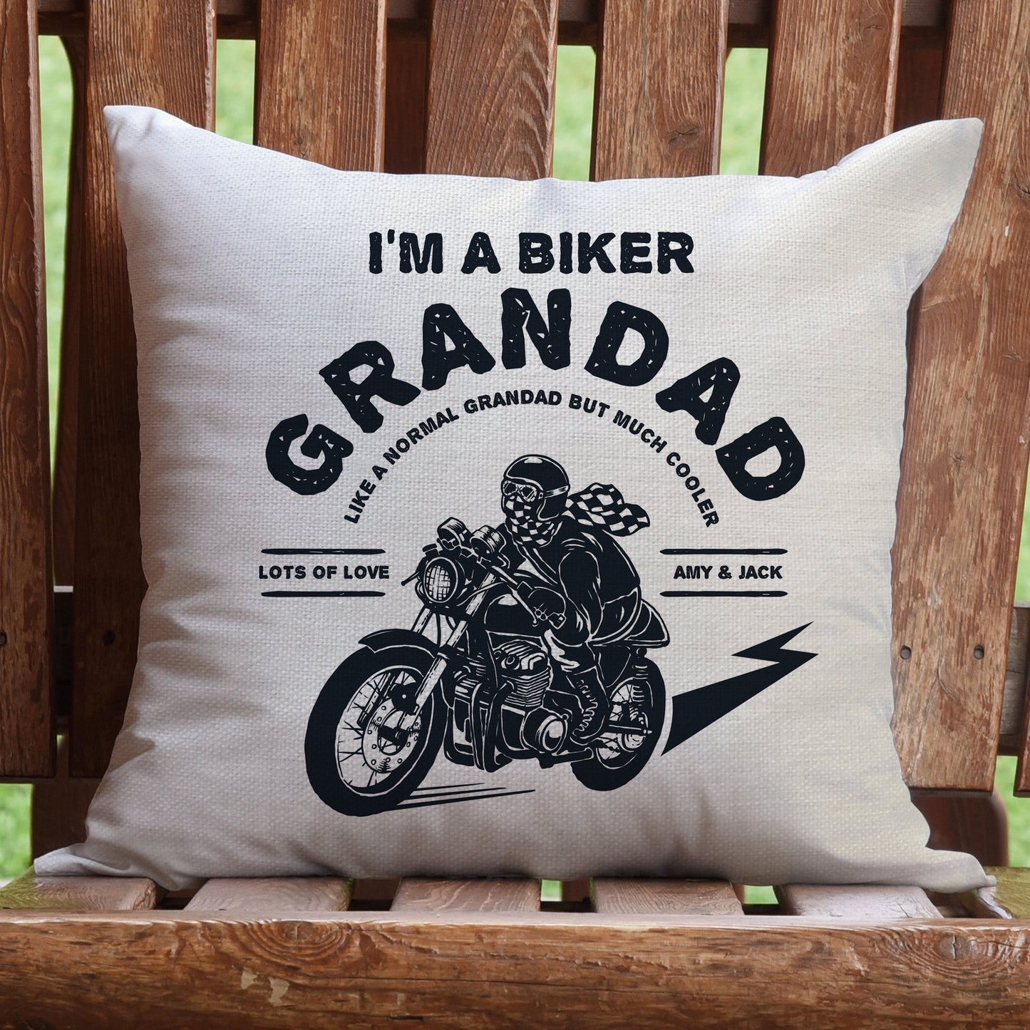 personalised vintage motorbike biker cushion cover fathers day grandad gift on chair