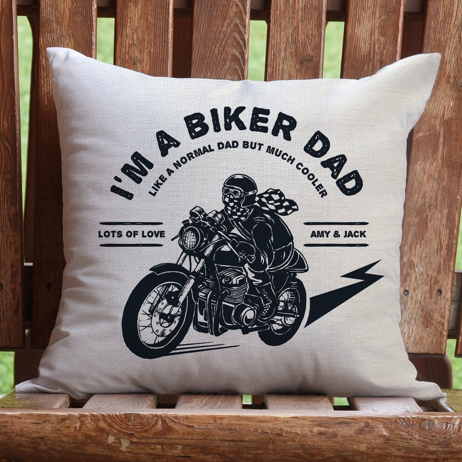 personalised vintage motorbike biker cushion cover fathers day gift on chair