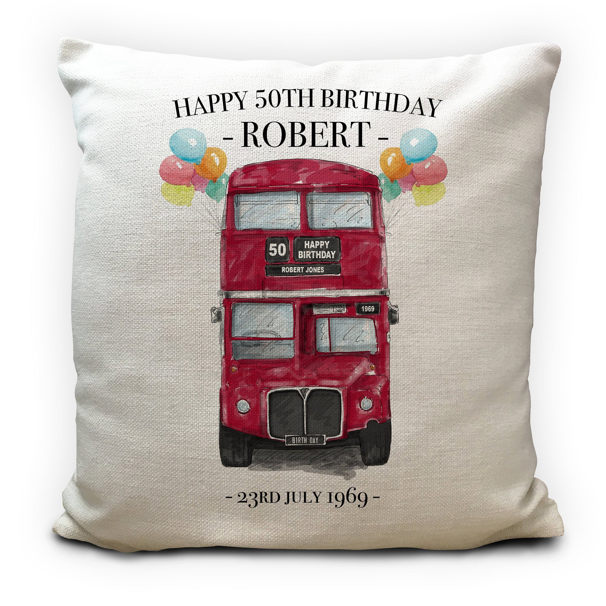 personalised birthday gift London bus cushion cover