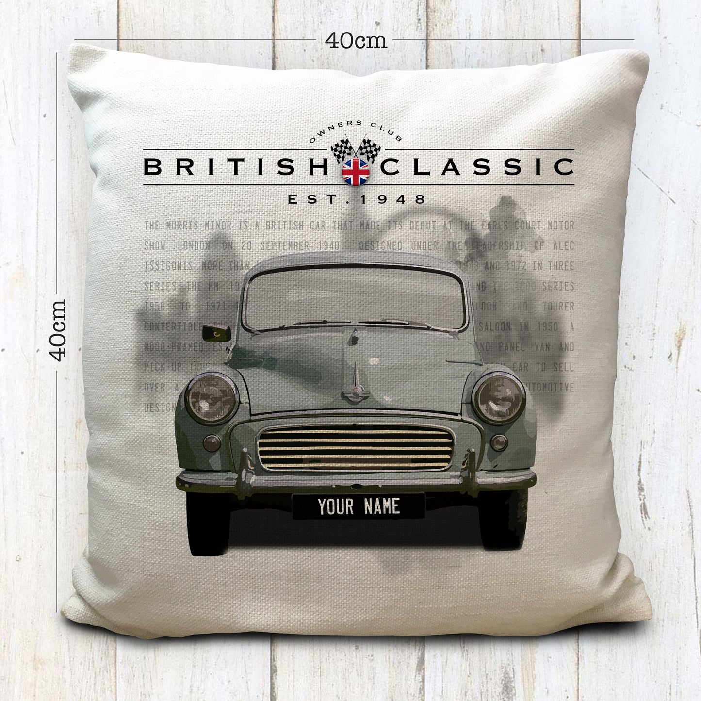 Personalised Morris Minor British Classic Car Cushion Cover 16" 40cm