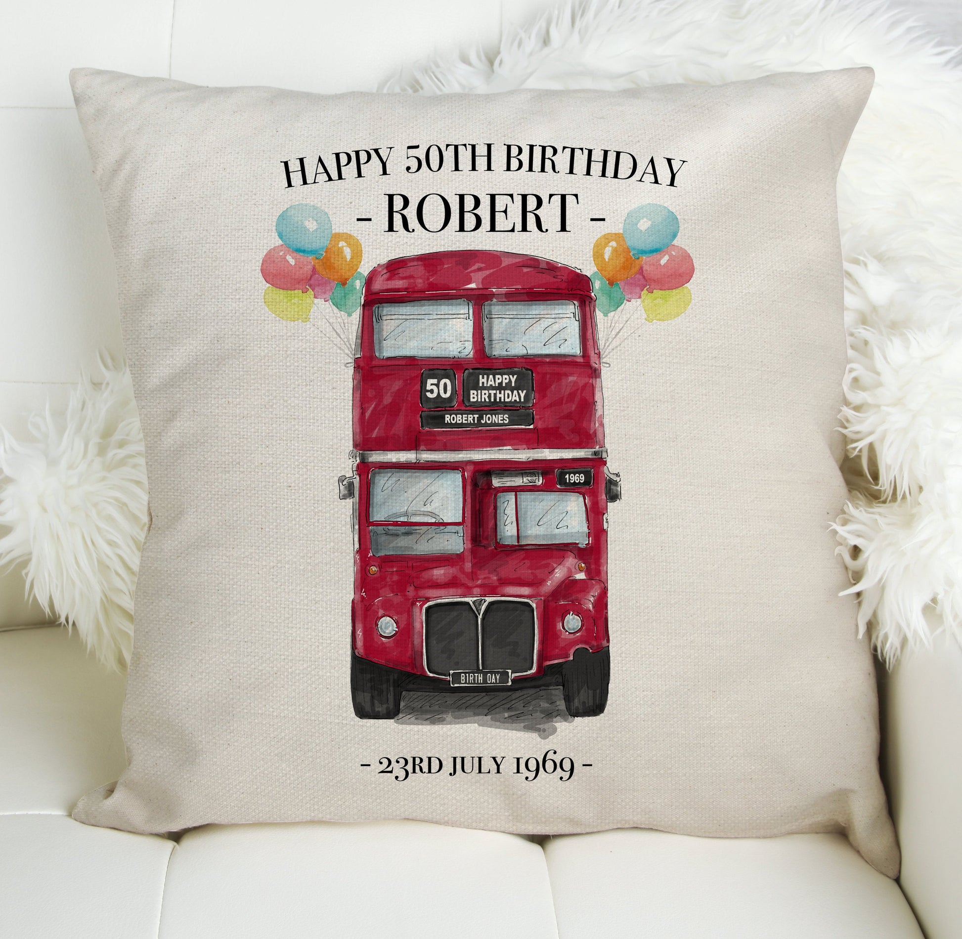 personalised birthday gift London bus cushion cover on chair