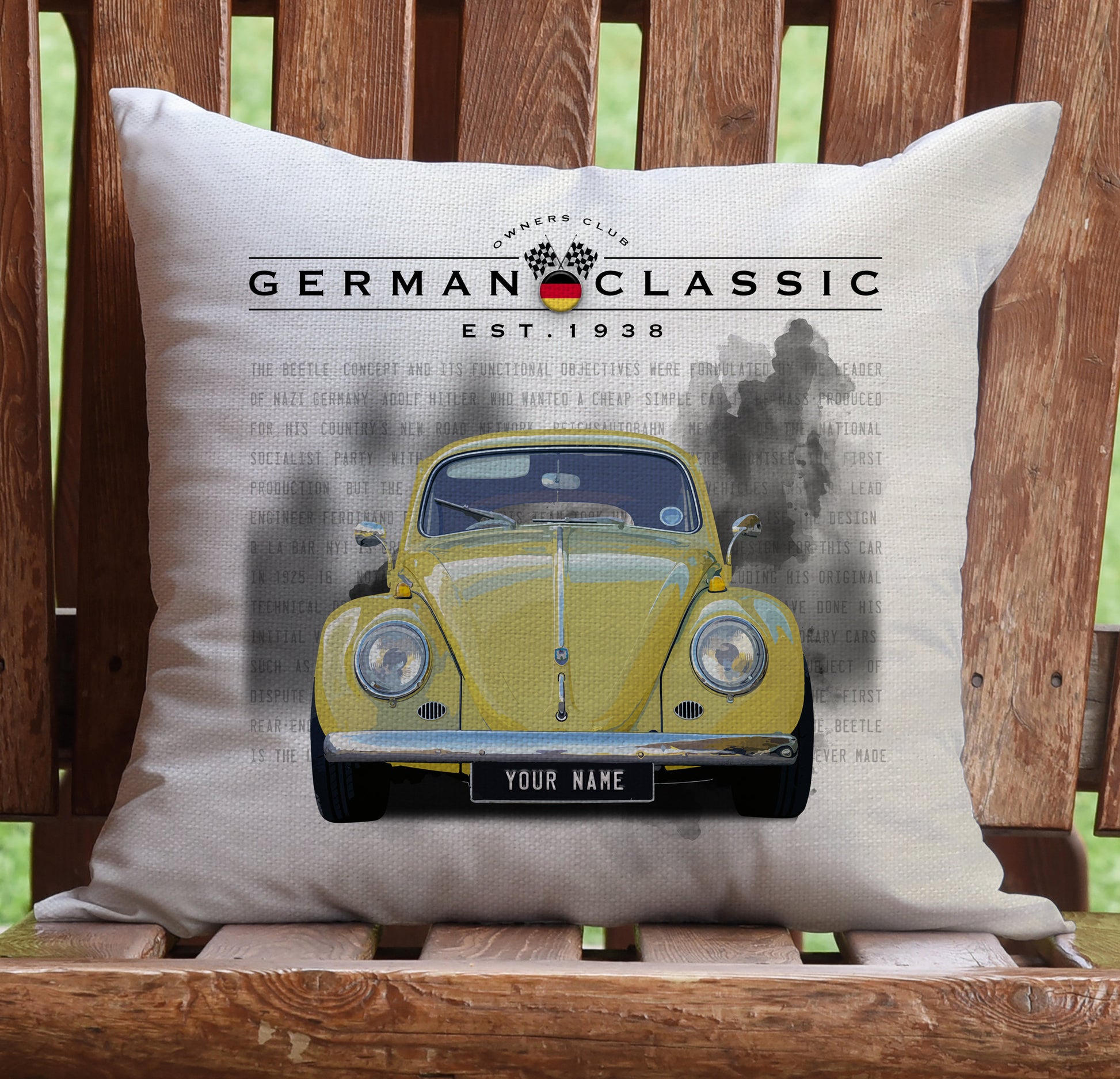 personalised beetle bug cushion cover gift on chair