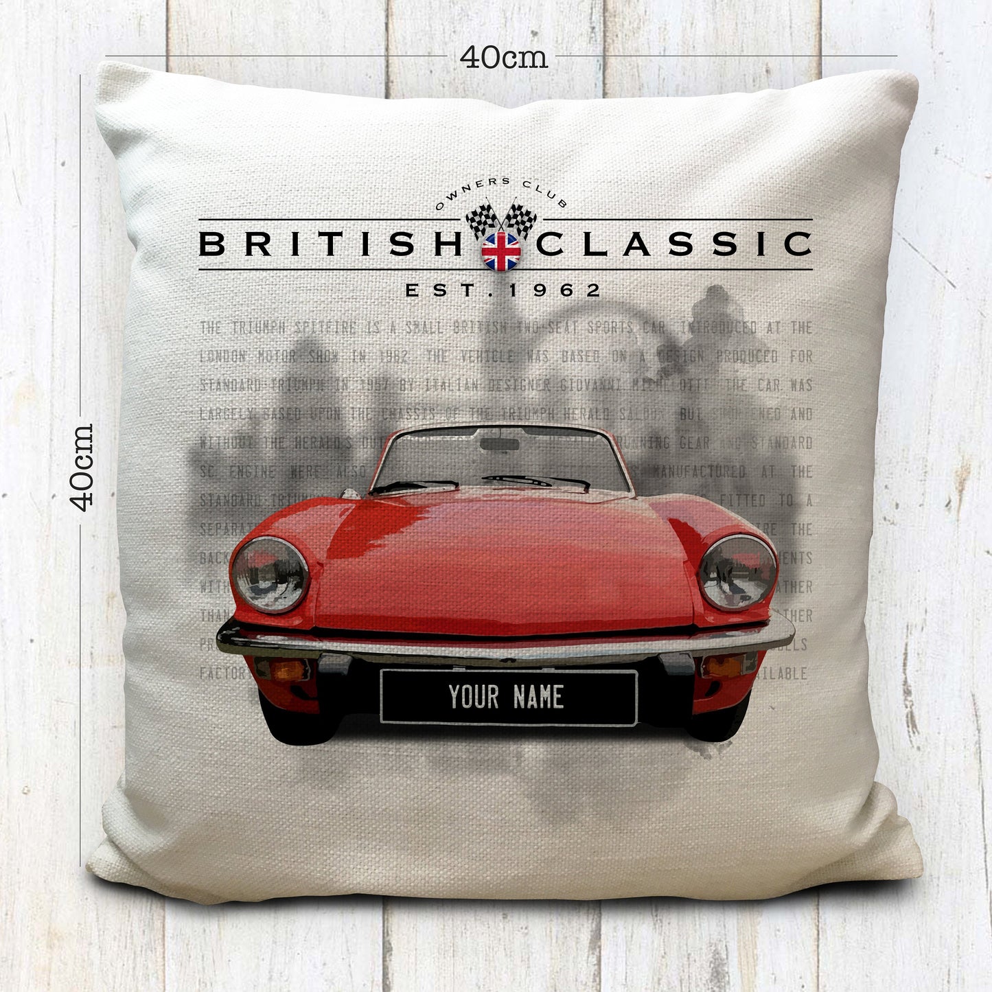 Personalised Triumph Spitfire British Classic Car Cushion Cover 16" 40cm
