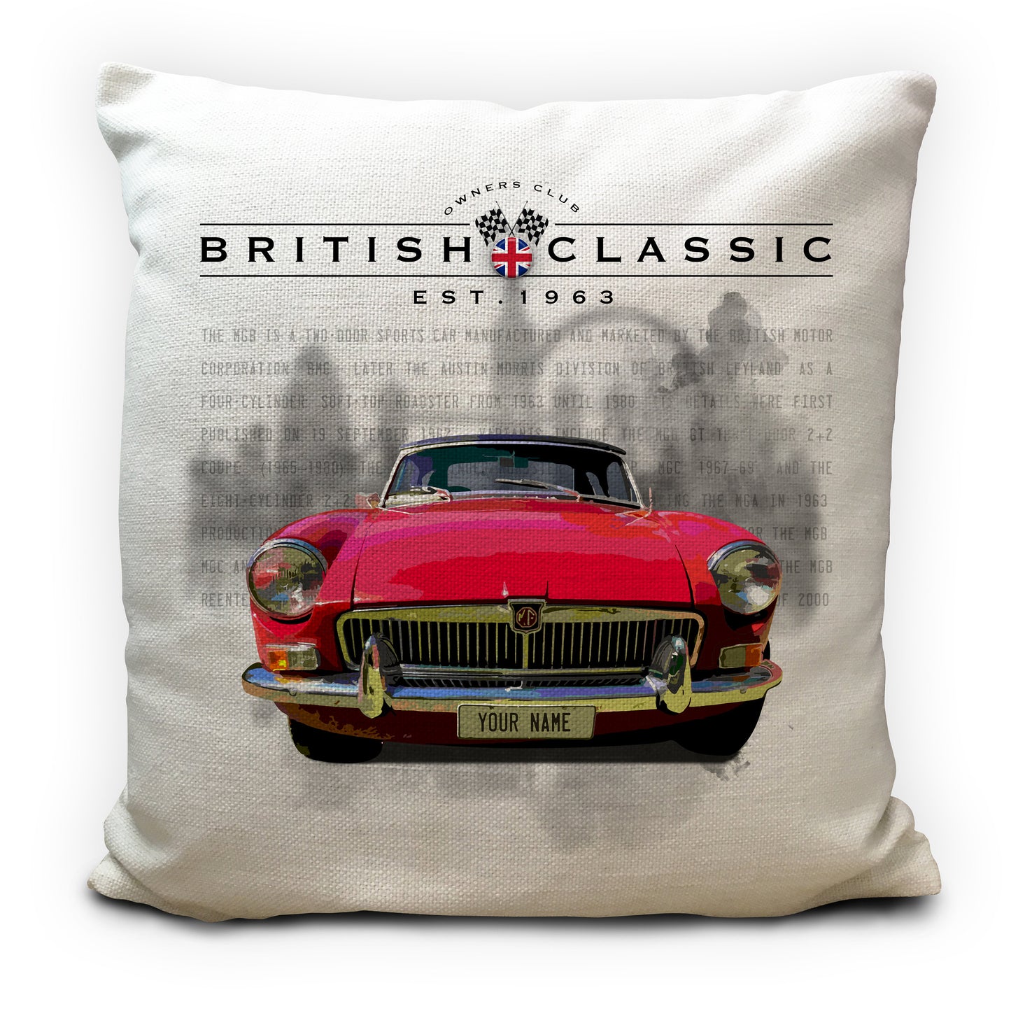 Personalised MGB British Classic Car Cushion Cover 16" 40cm