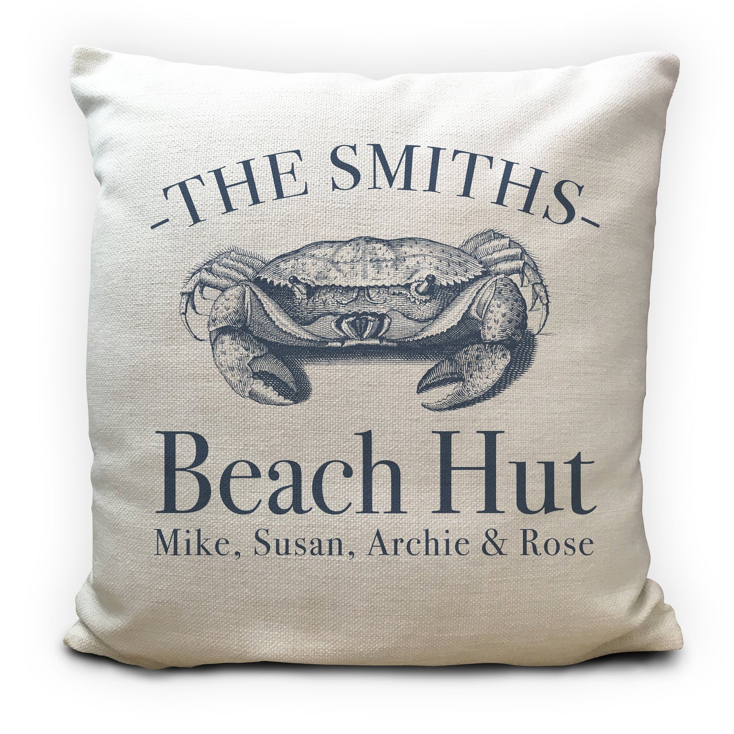 personalised custom beach hut cushion cover with blue crab illustration