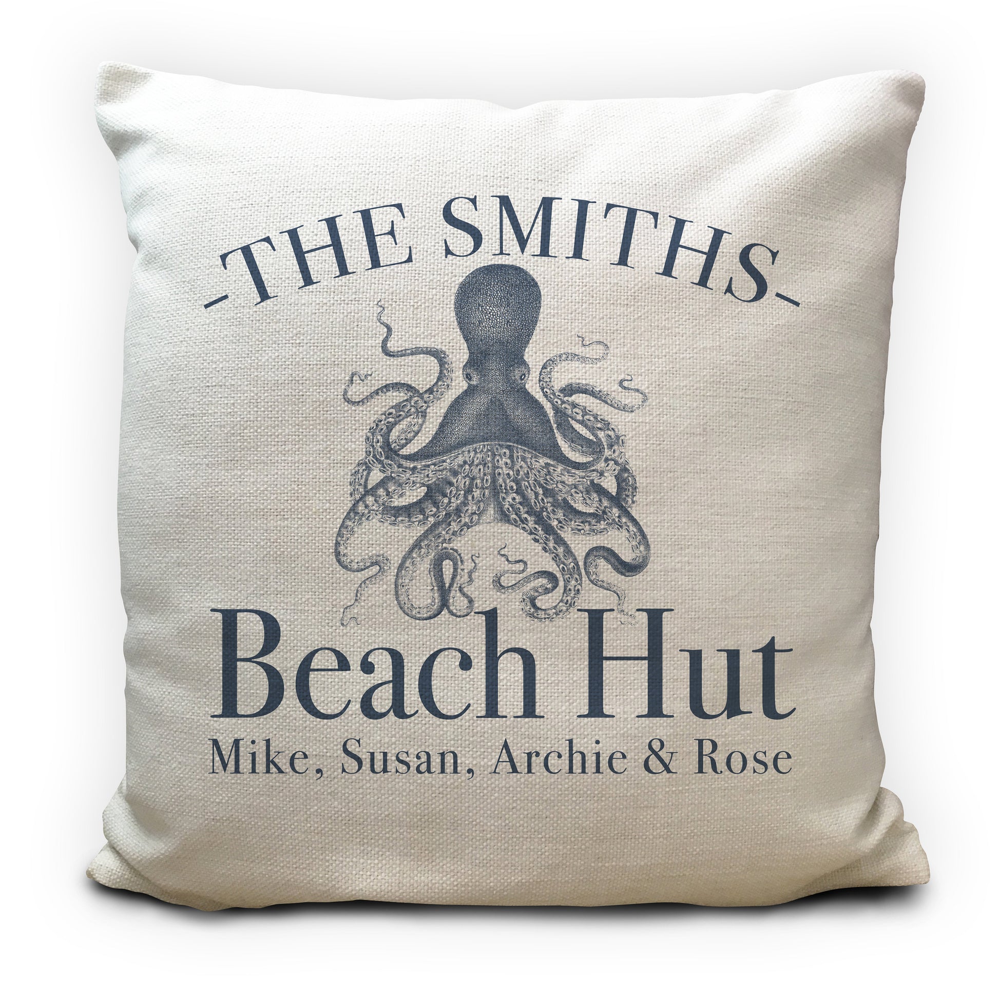 personalised custom beach hut cushion cover with octopus illustration