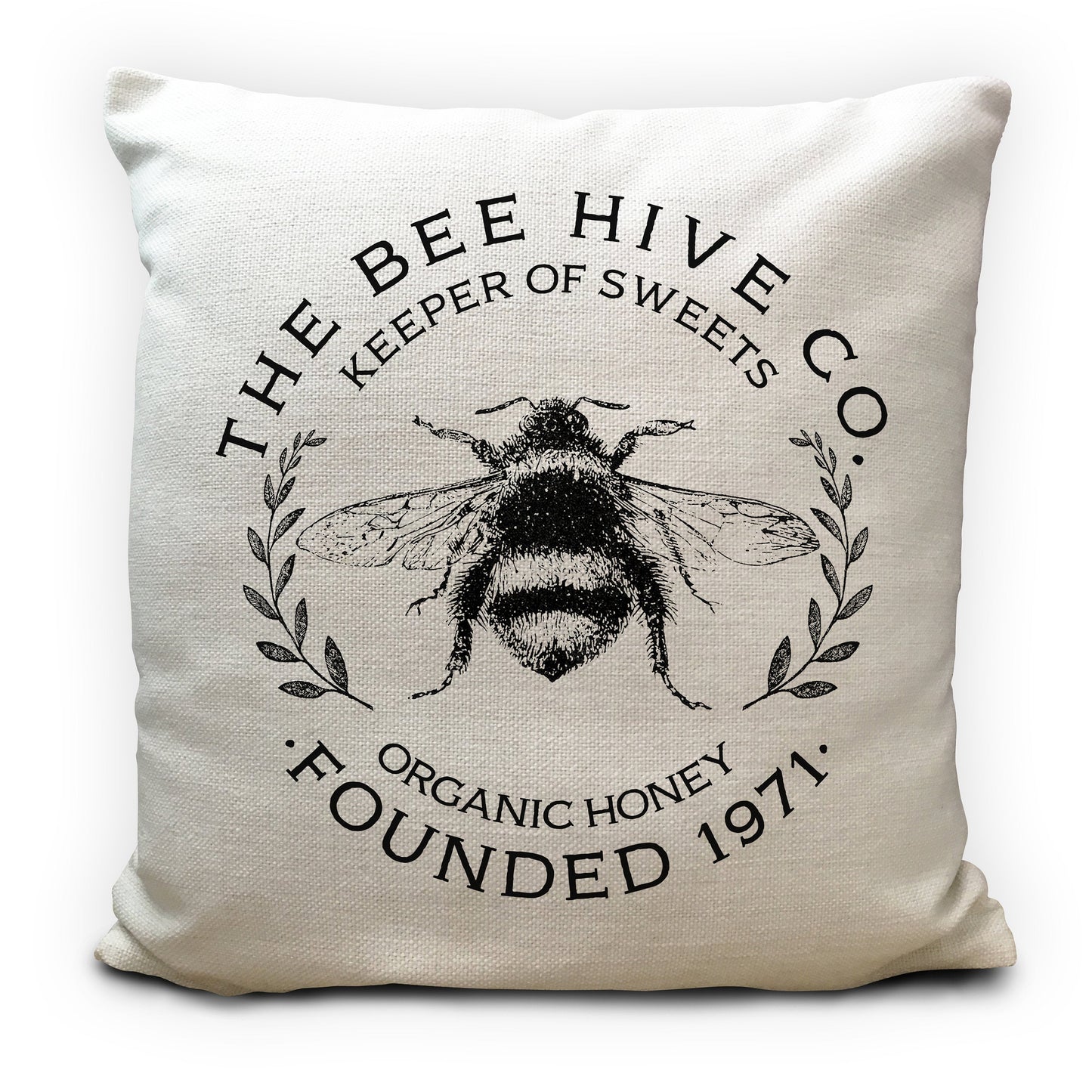 bee cushion cover with traditional bee and wreath illustration