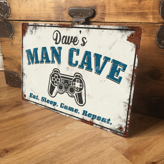 Personalised Vintage Retro Metal Sign - Man Cave gamer Eat sleep game repeat